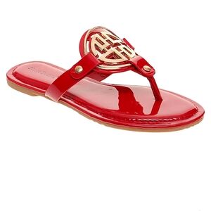 Pierre Dumas Women's Size 8 Gold Medallion Red Thong Flip Flop Flat Sandals